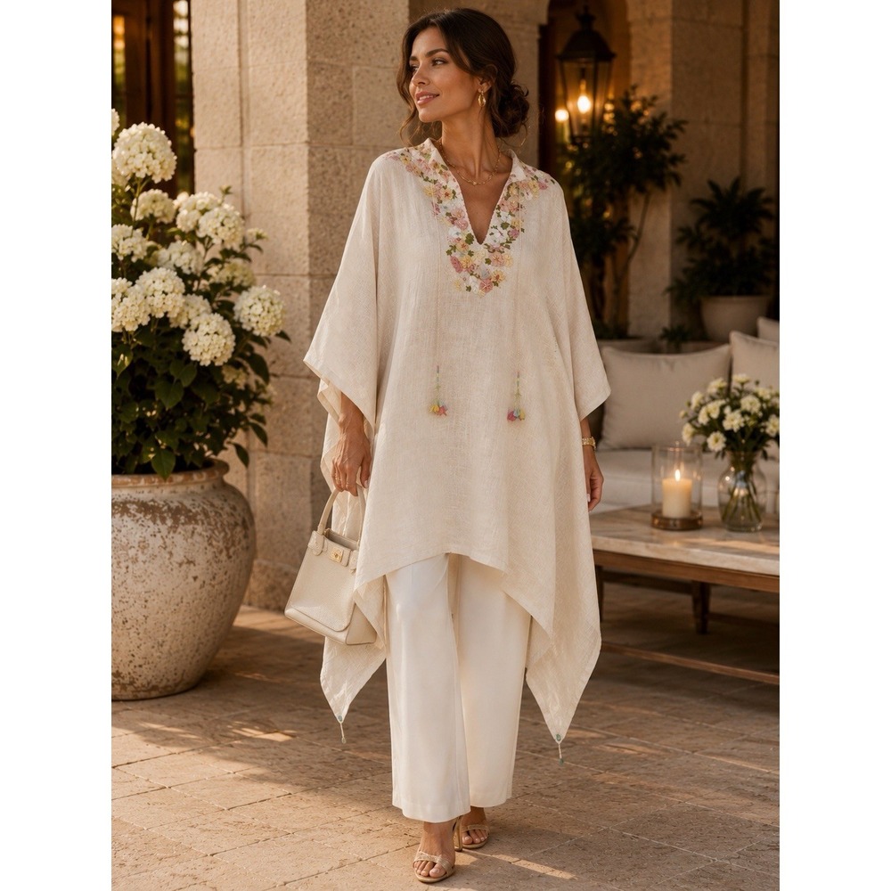 Péro Aneeth Arora 100% Linen Floral Embroidered Kaftan Poncho Tunic Sz 38 Luxury